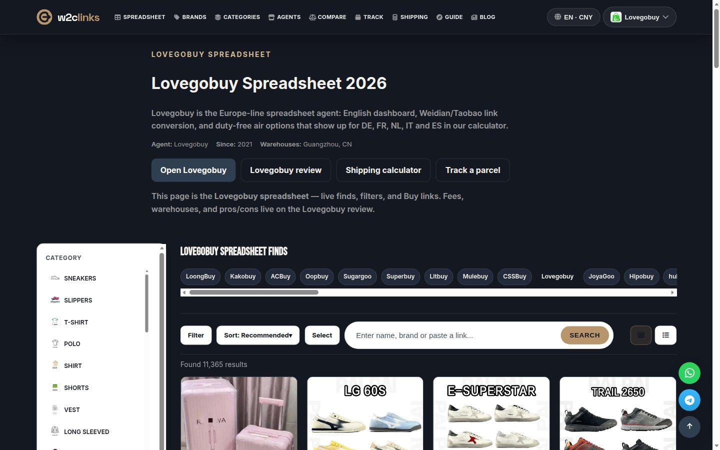 LoveGoBuy catalogue on w2clinks: product cards with photo, brand and reference price